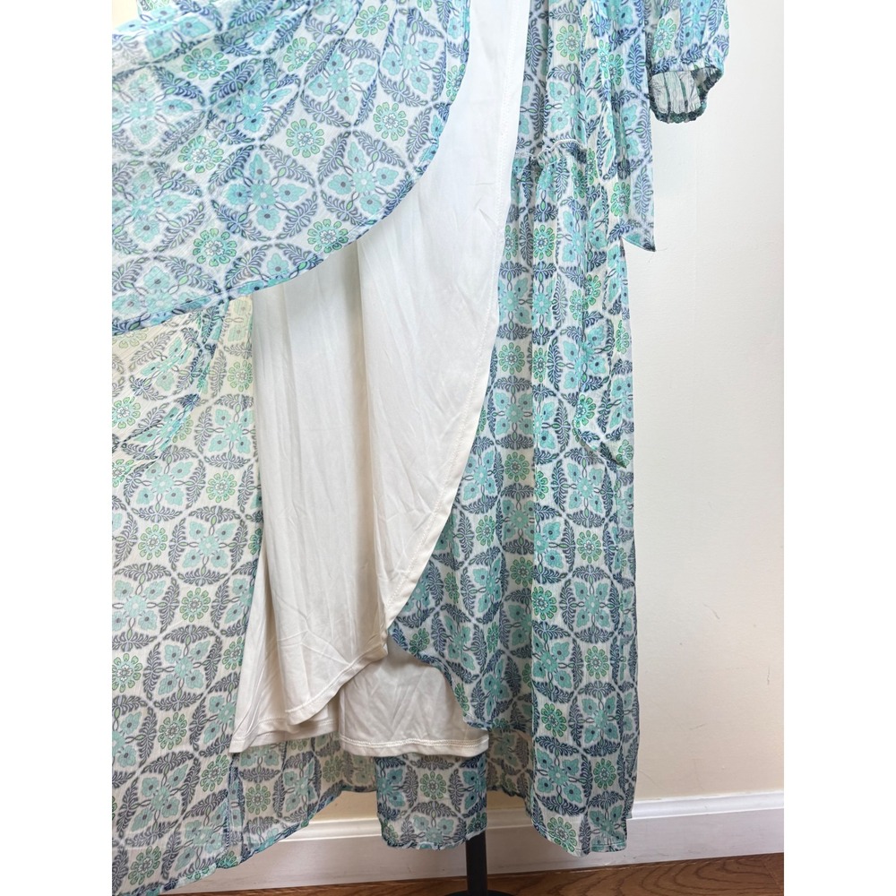 Lovestitch Teal Blue Geometric Floral Print Wrap Maxi Dress Long Sleeve L Sheer - Picture 11 of 16
